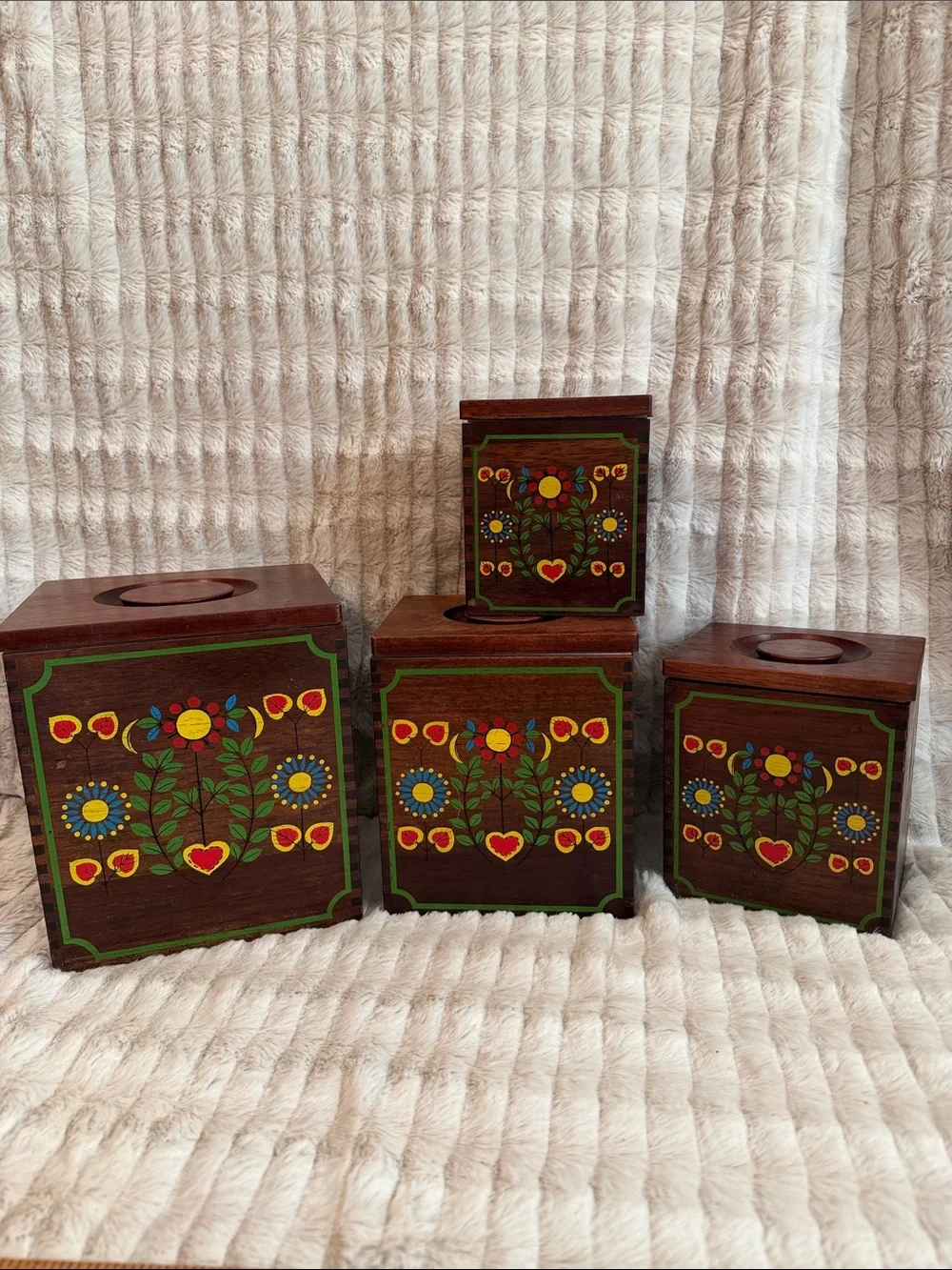 Retro Hand-Painted Folk Art Wooden Canister Set - Multicolor Floral Design
